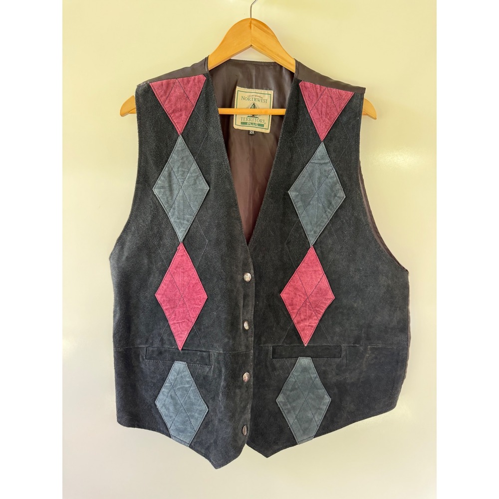 Vintage Northwest Territory Leather Vest Argyle Patchwork Mens 2X Black Read‎